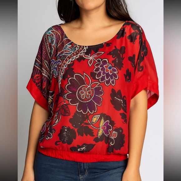 Chico’s Silk Top Blouse Size S M Short Sleeve Sheer Beads Banded Elastic Bottom - Picture 1 of 8